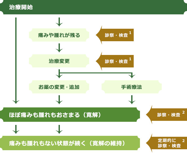 治療開始→ほぼ痛みも腫れもおさまる（寛解）→痛みも腫れもない状態が続く（寛解の維持）